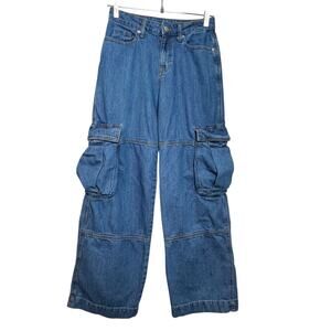 Wild Fable Mid Rise Baggy Cargo Jeans Size 0 Blue Denim Wide Leg Utility Pockets